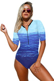 Print Zip Front Half Sleeve One Piece Swimsuit