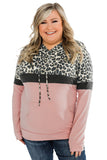 Leopard Patchwork Drawstring Plus Size Hoodie With Pocket