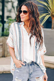 V Neck Stripes Roll up Sleeve Button Shirt