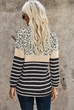 Khaki Leopard Striped Zip Collar Pullover Sweatshirt