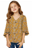 V Neck Ruffled Sleeve Buttons Girl's Blouse