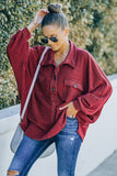 Red Polo Collar Buttoned Patchy Top with Pockets