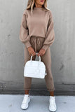 Khaki Casual High Neck Drop Shoulder Top and Drawstring Pants Set Jumpsuit