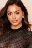 Mesh Rhinestone Décor Geometric Pattern Long Sleeve Bodysuit