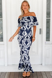 Turquoise Roses Print Off-the-shoulder Maxi Dress