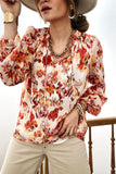 Frilled Split Neckline Abstract Floral Blouse
