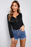 Ribbed Front Button Mock Pockets Long Sleeve Top