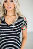 Floral Sleeves Striped T-shirt