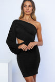 One Shoulder Bubble Shoulder Cut-out Bodycon Mini Dress