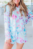 Sky Blue Leopard Print Hoodie and Shorts Set