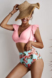 Floral Ruffled Hem High Waist Bikini Set