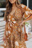 Brown Floral Print Ruffled Lace Up Wrap V Neck Midi Dress