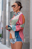color Abstract Print Cuffed Sleeve Shirt