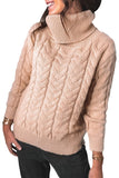 Khaki Turtleneck Long Sleeve Braided Knitted Sweater