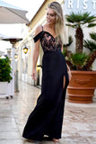 Black Lace Off Shoulder Side Slit High Waist Maxi Dress