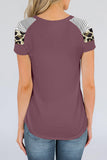 Khaki Striped Leopard Print Short Sleeve Women T-shirt