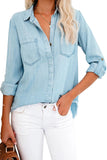 Roll up Long Sleeves Frayed Hem Denim Shirt
