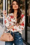 Beige Floral Print V Neck Button Down Blouse