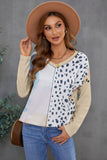 V Neck Tie-dye&Leopard Splice Waffle Knit Long Sleeve Top