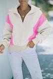 Beige Zipped Turn-down Collar Colorblock Drop Shoulder Sweatshirt