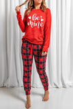 Solid Long Sleeve Top and Plaid Pants Loungewear