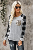 Plaid Splicing Sequined Pocket Long Sleeve Top