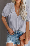 V Neck Lace Crochet Short Sleeve Shirt