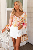 V Neck Bishop Sleeves Floral Smocked Top