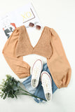 Shirred Open Back Deep V Neck Long Sleeve Crop Top
