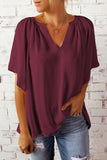 Red Split Neck Pleated Loose Top