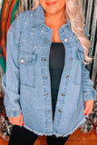 Sky Blue Rhinestone Pearls Denim Shacket