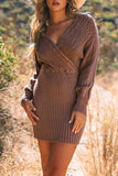 Textured V Neck Wrap Sweater Dress