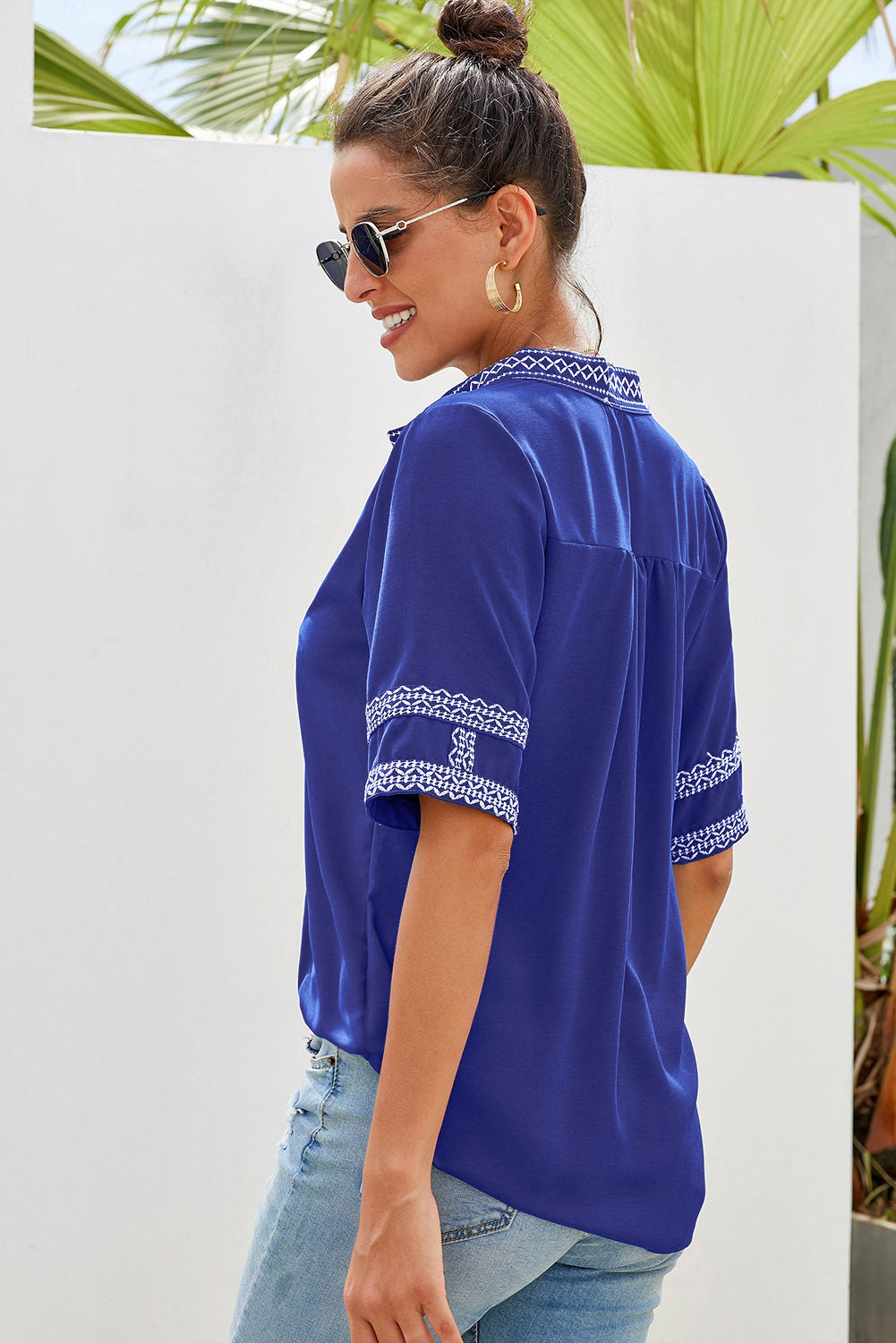 Elbow Length Sleeves Front Embroidery Blouse