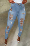 Light Blue Cut Out Distressed Ripped Pockets High Waisted Long Jeans
