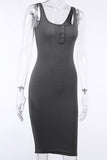 Gray Sleeveless Buttons Ribbed Knit Bodycon Midi Dress