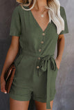 V Neck Short Sleeve Buttons Belted Romper with Pockets