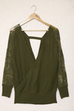 Sexy V Neck Surplice Hollow-out Sweater with Lace Sleeves