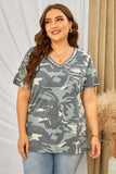 Sequined V Neckline Camo Plus Size T-shirt