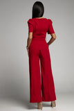 Burgundy Belted Square Neck Puff Sleeve Jumpsuit