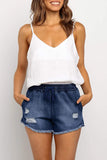 Elastic Waist Distressed Raw Hem Denim Shorts