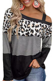 Leopard Striped Slash Collar Long Sleeve Blouse