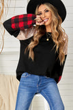 Crewneck Lantern Sleeve Plaid Sequin Splicing Pullover Sweatshirt