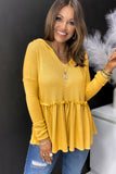 Yellow V Neck Drop Shoulder Hooded Flowy Top with Frill