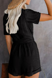 V Neck Short Sleeve Buttons Belted Romper with Pockets