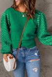 Green Textured Bubble Sleeve Knit Sweater