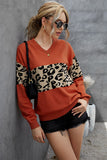 Leopard Colorblock V Neck Knit Sweater