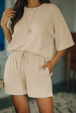 Khaki Crew Neck Short Sleeve Ribbed Lounge Set