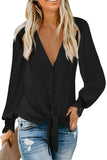 V Neck Lace Splicing Cuffs Button Knotted Blouse