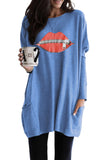 Oversize Zipped Red Lips Long Sleeve Top with Pockets