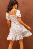 Floral Print Lace-up Ruched Square Neck Puff Sleeve Mini Dress